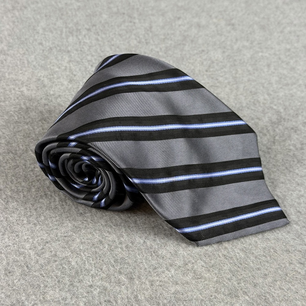 Claiborne Gray Black Blue Repp Striped Men's Neck Tie Classic 58x3.75"